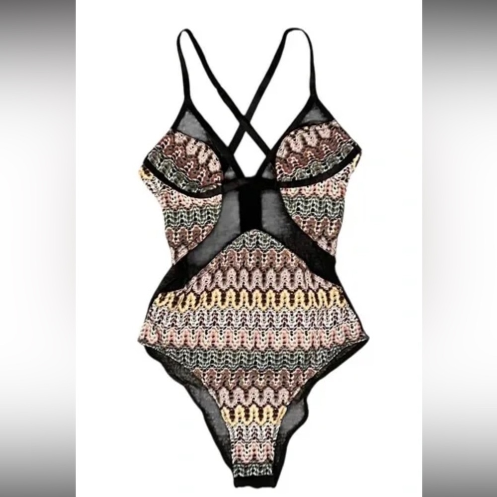 ASOS Multi-Color Patterned Lace-Trim Strappy Bodysuit with Black Mesh size 8